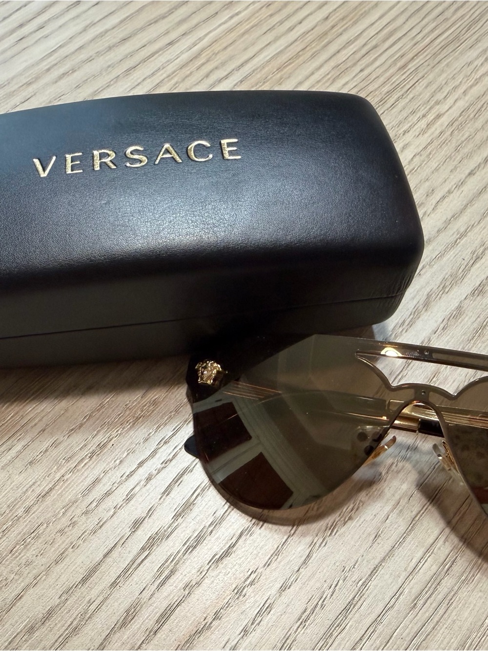 Versace Gold Frame Brown Shield Sunglasses with Medusa Accent